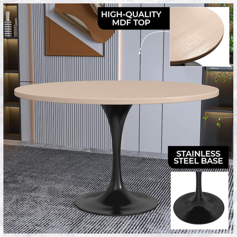 Verve Modern 48" Round MDF Solid Wood Top Accent Dining Table with Black Stainless Steel Base for Home Kitchen or Dining Room