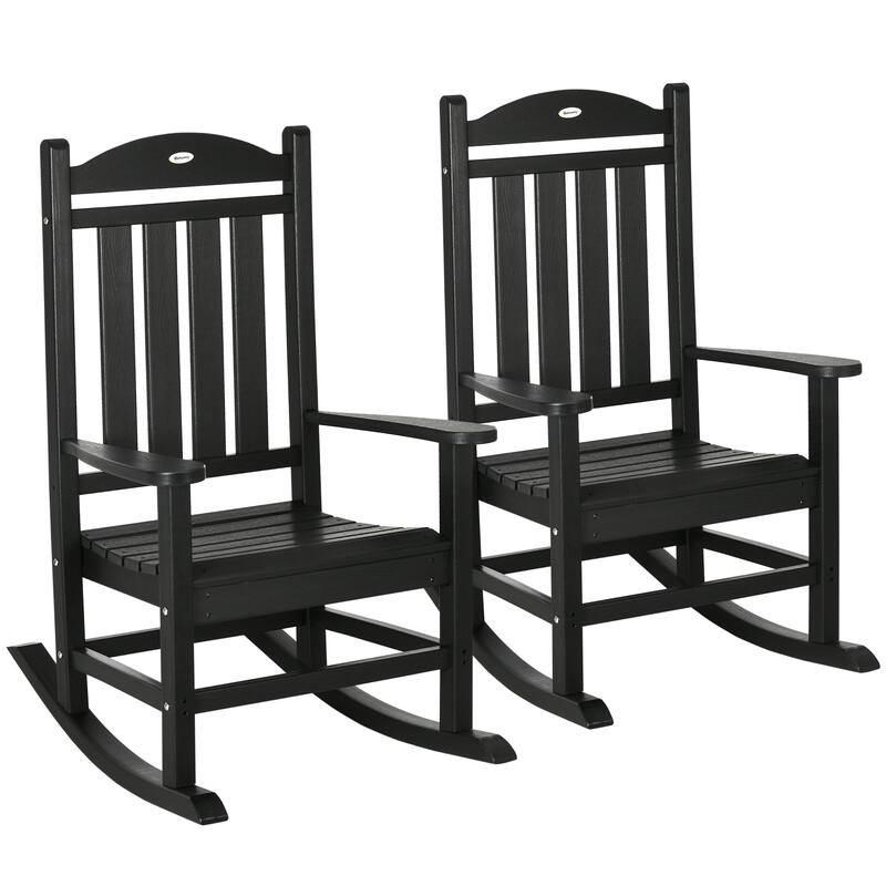 Outsunny 2 Pieces Outdoor Rocking Chair, All Weather-Resistant HDPE Rocking Patio Chairs with Rustic High Back, Armrests