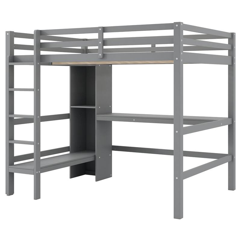 Full Size Loft Bed with Multifunction Shelves and Under-bed Desk