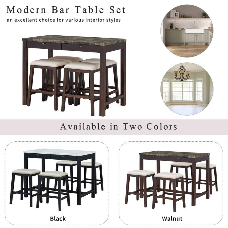 Modern Faux Marble Bar Table Set with Storage & Stools