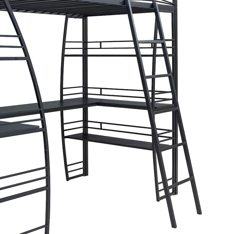 Metal Loft Bed with 4 Layers of Shelves, Desk & USB Ports & Wireless Charging