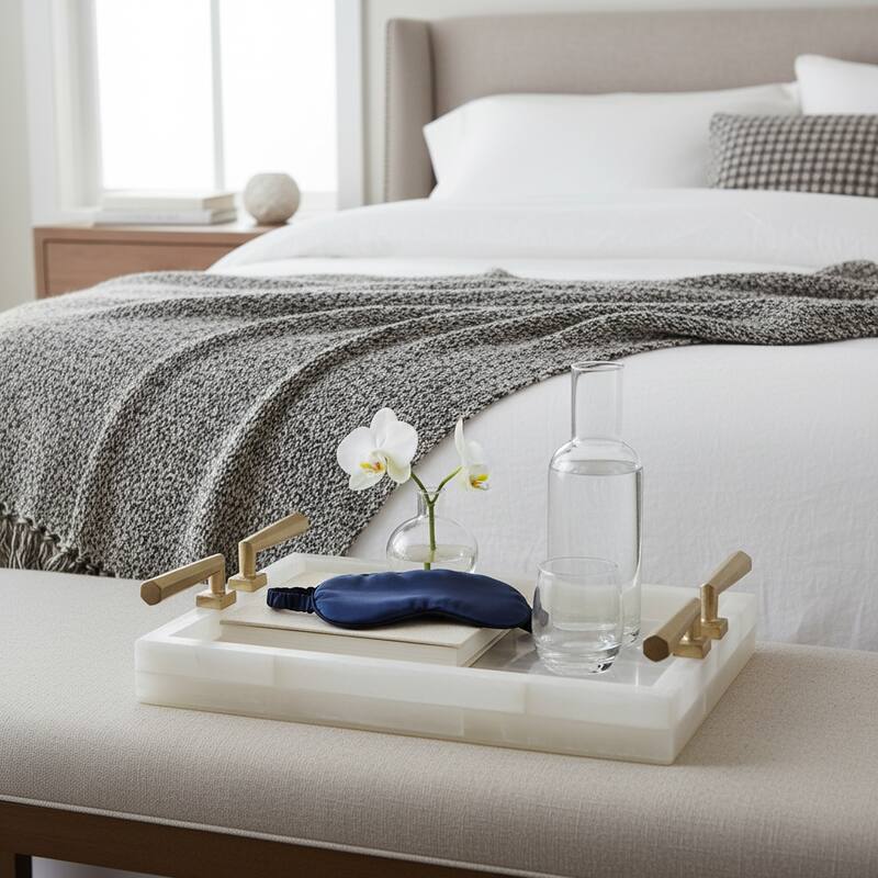 Stone Decorative Tray Chic Stylish Hardware Handles - 14" Gold - 13.75"