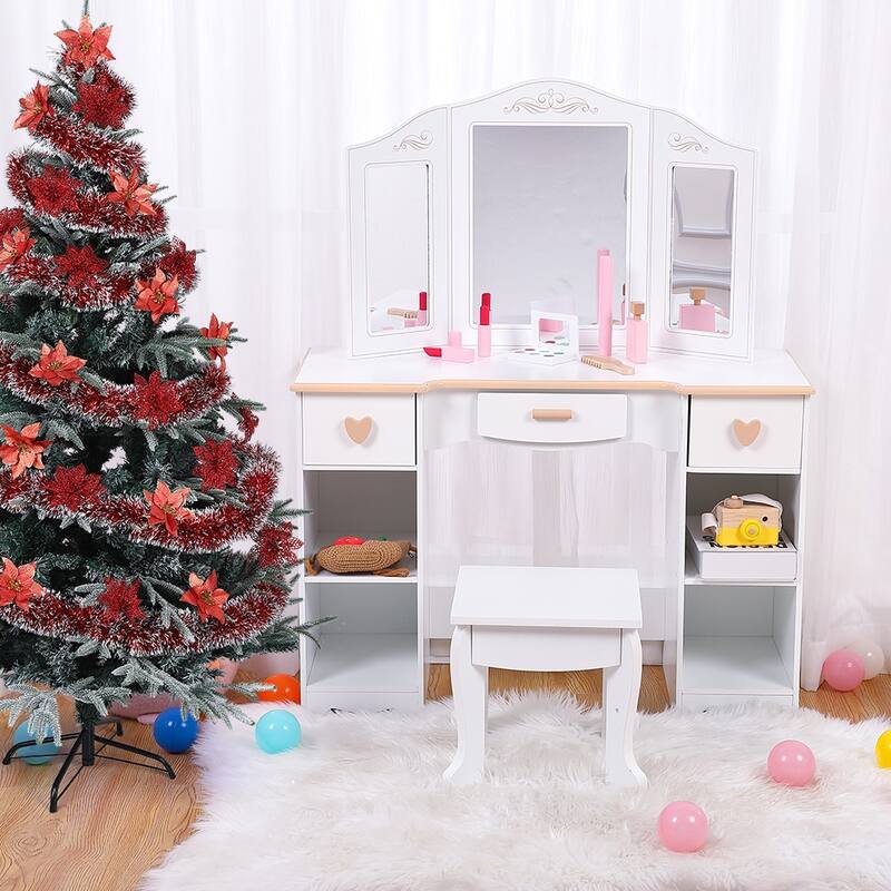 Kids 3 Drawer Wooden Dressing Table Round Mirror with Lights Stool