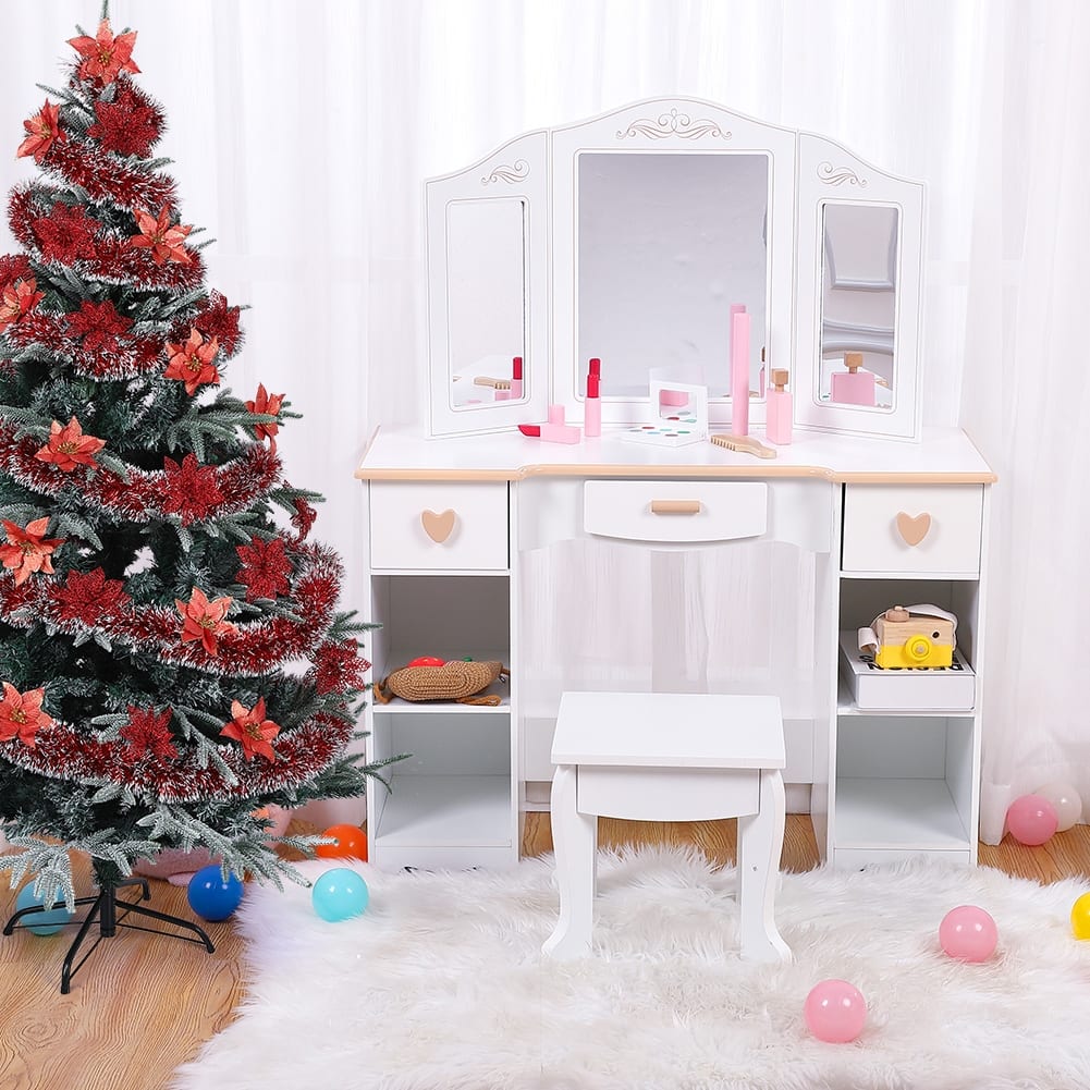 Kids Vanity Set with Mirror and Drawer Vanity Table and Chair Set