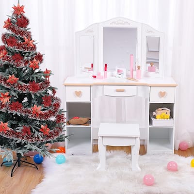 White/ Pink Girls' Vanity Table and Stool Set