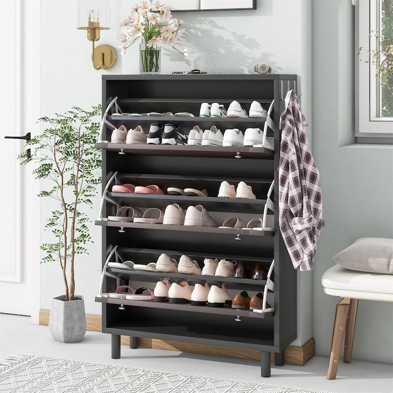 Merax Minimalist Slim Shoe Cabinet with Hanging Hooks, 3 Flip Drawers - Black+Dark Brown
