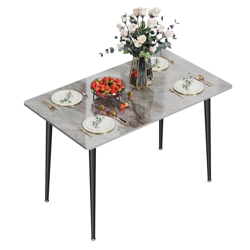 6 Seater Kitchen Dining Table Modern Marble Tabletop Rectangular with Tapered Metal Legs - Gloss Grey