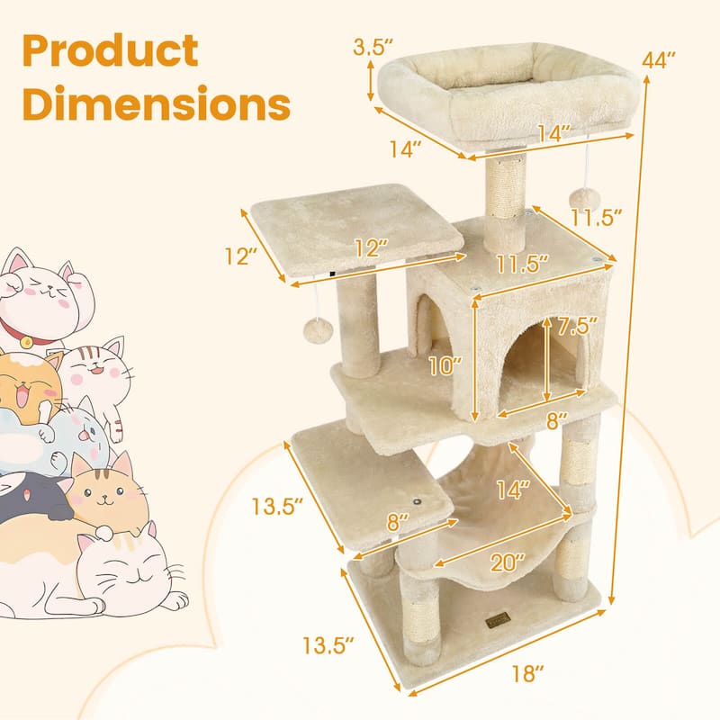 Costway 44” Tall Multi-level Cat Tree with Cushion Top Perch, - See Details
