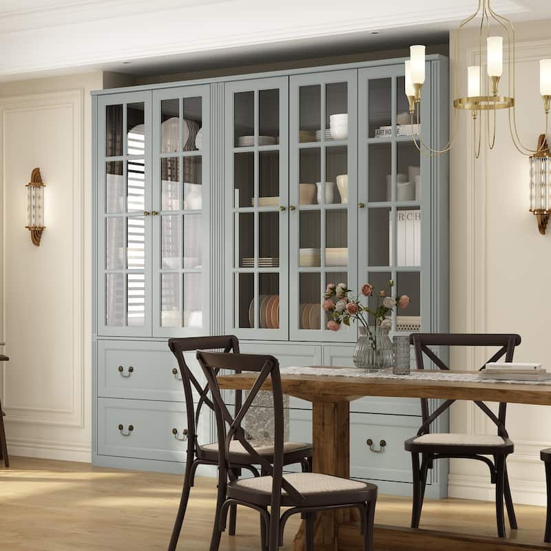 78.7"H Combo Glass Doors Display Cabinet Wooden Bookshelf Organizer