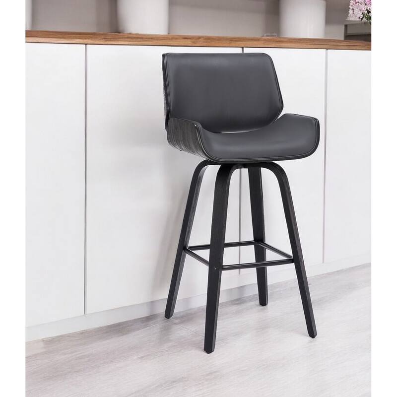 HomeRoots 30" Gray and Black Faux Leather and Iron Bar Height Swivel Bar Chair - 20 x 42 x 20 - Single - Grey - Extra Tall - Over 33 in.