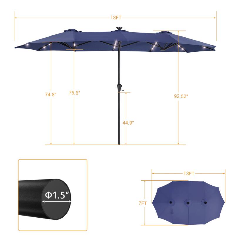 LIVOOSUN 13 x 7.2ft Large LED Double-Sided Rectangular Outdoor Patio Market Umbrella with Crank, Solar Panel, Navy Blue