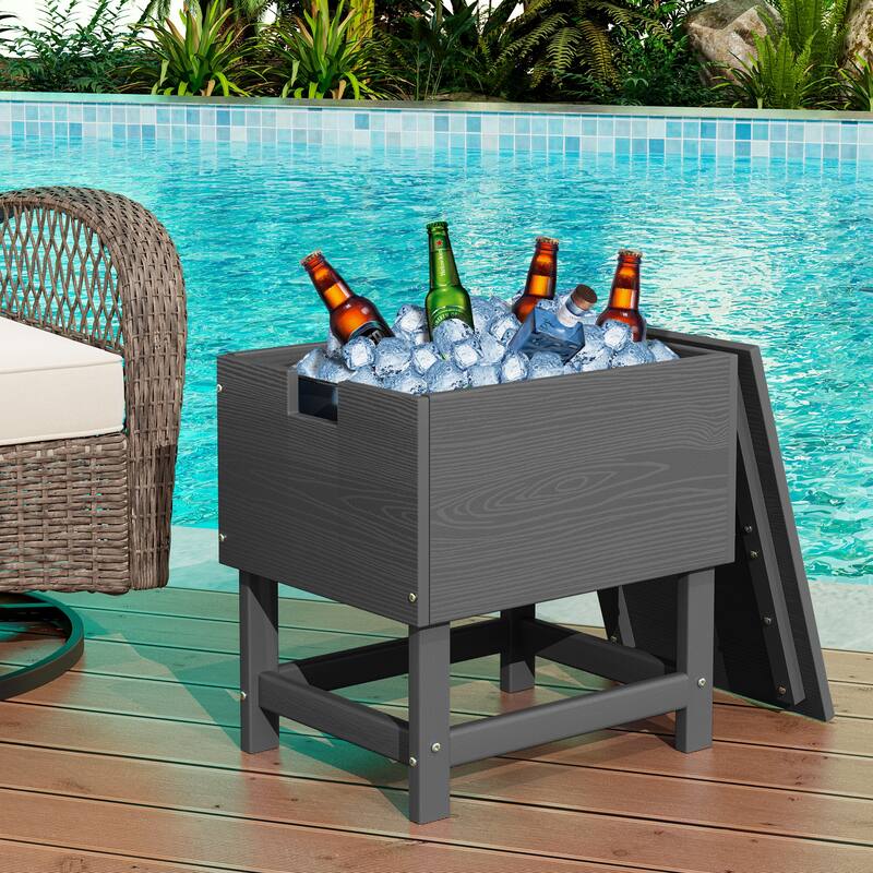 Outdoor Patio Weather Resistant HDPE Coffee & Side Table, Build-in Stainless Steel Cooler Bucket