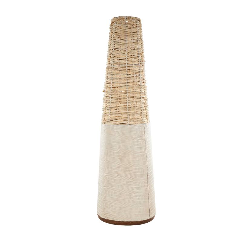 Light Brown Rattan Handmade Woven Geometric Decorative Vase with Beige Metal Base and Abstract Linear Markings