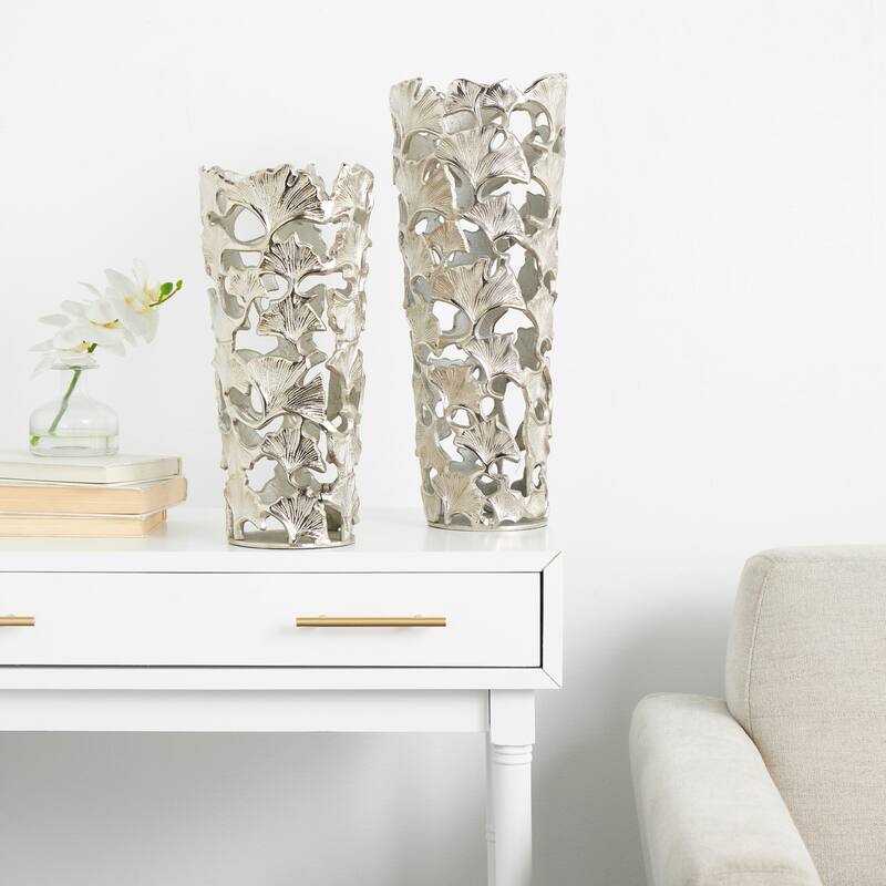 Silver Aluminum Metal Decorative Vase with Ginkgo Leaf Design (Set of 2) - Silver