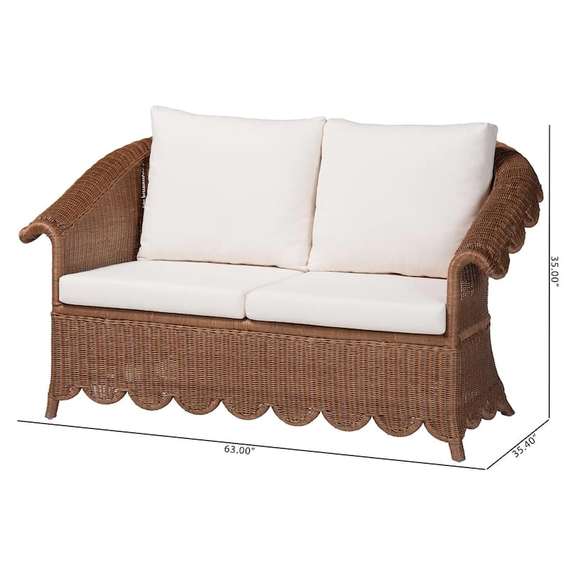 Detta Natural Rattan Loveseat with Cushion - Handwoven Wicker Settee with Rolled Arms and Scalloped Skirt Base