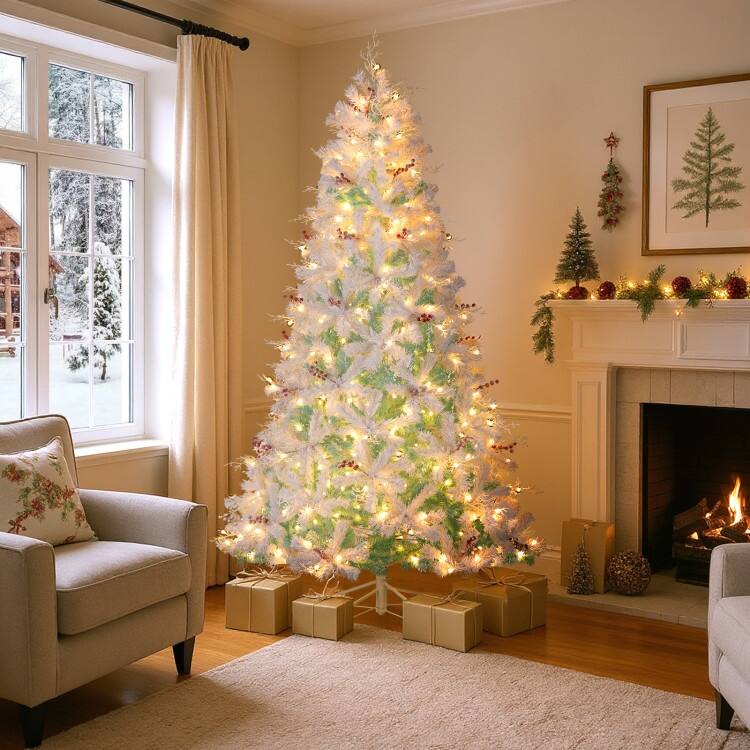 White-Lake Blue PVC PE Pre-Lit Christmas Tree with 250/350 LED Lights and Red Berries