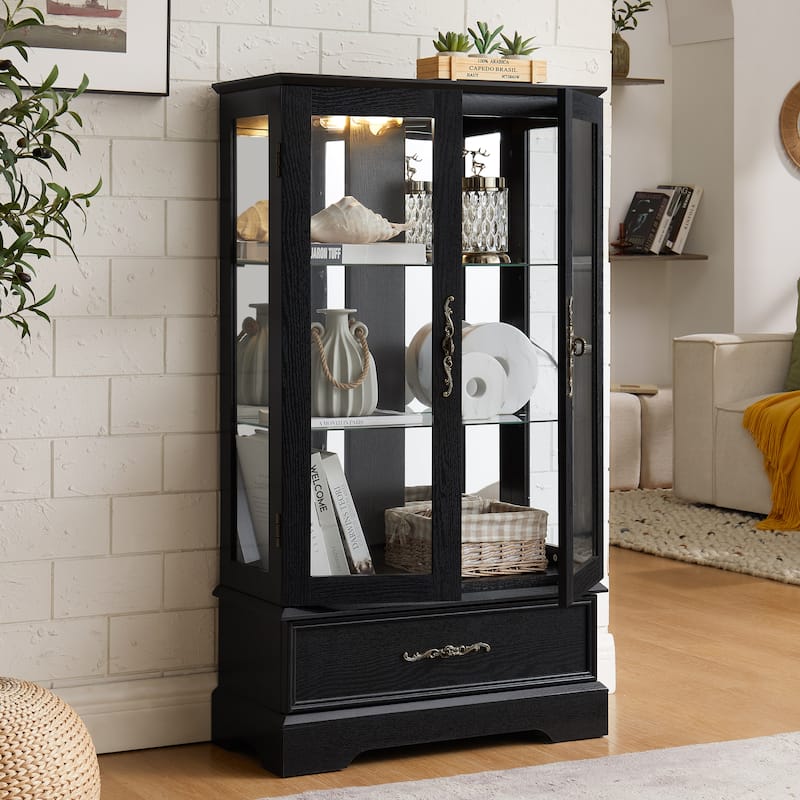 Elegant Lighted Curio Cabinet With Customizable Shelving - Two Glass Doors, Built-In Storage Drawer .