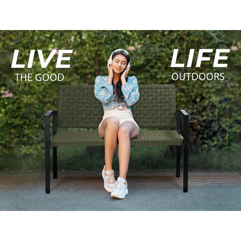 Chelsea Outdoor Rope, Bench Metal Frame & Armrest Patio Bench
