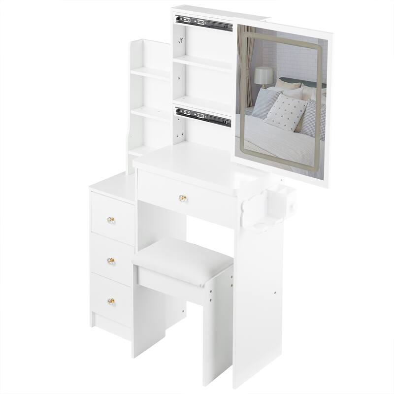 Makeup Vanity Desk with Slidding LED Lighted Mirror, Power Outlet & Hair Dryer Bracket, Small Dressing Table Set with Stool