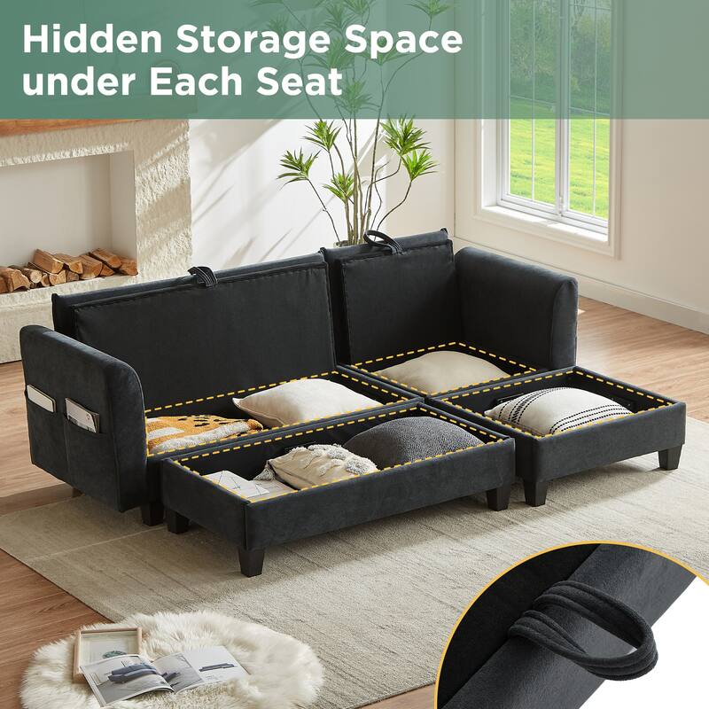 Chenille Sectional Sofa L-shaped Sofa with Movable Ottoman, Upholstered Sectional Sofa with 6 Throw Pillows, Bottom storage