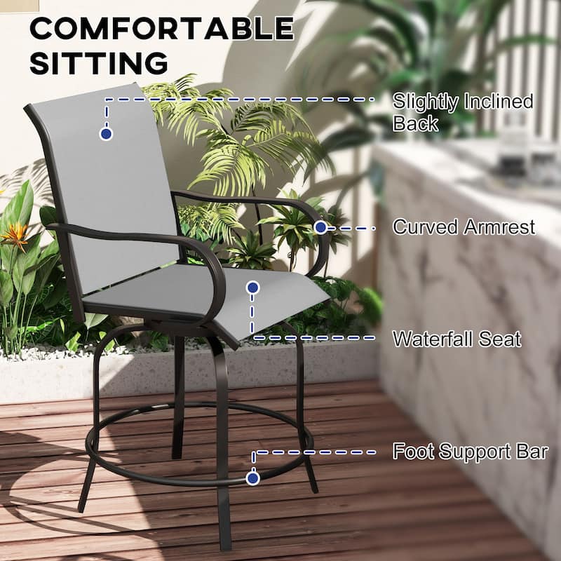 Outsunny Outdoor Bar Stools Set of 2 with Armrests, 360° Swivel Bar Height Patio Chairs with High-density Mesh Fabric, Steel