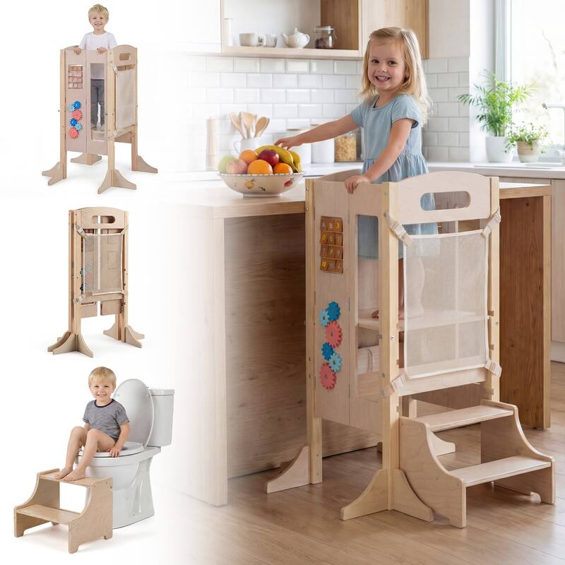 Gymax Foldable Toddler Step Stool Wooden Kitchen Standing Tower w/ - Natural