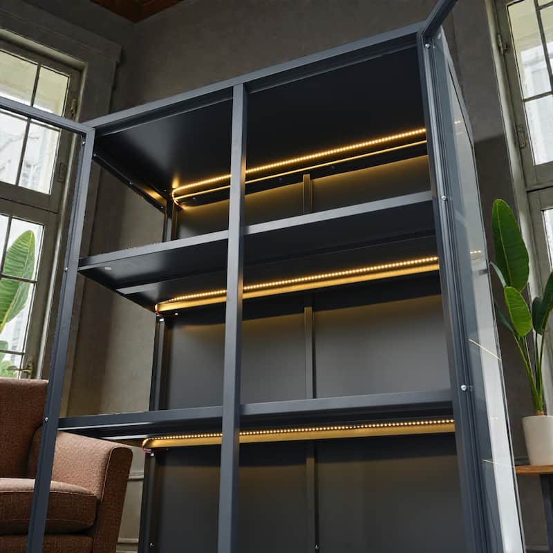 76.75 Inch Glass Display Cabinet with LED Lights, 3 Sided Tempered Glass Steel Curio Cabinet with Double Doors