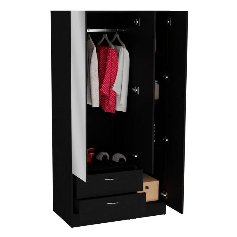 19.7" Modern Mirrored Armoire with Two Drawers, Four Shelves and Hanging Rod