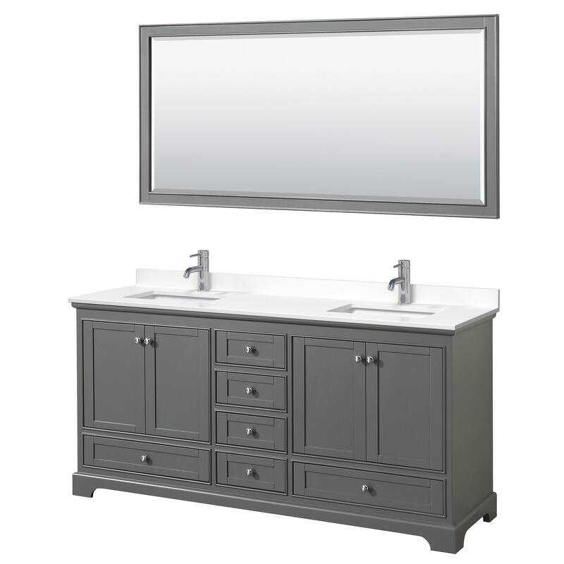 Deborah 72-inch Double Vanity, Quartz Top, 70-inch Mirror - Dark Gray, Chrome Trim, White Quartz Top