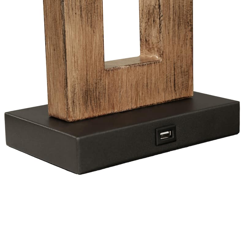 25.9" Wood Table Lamp With Cotton Shade And USB Set of 2