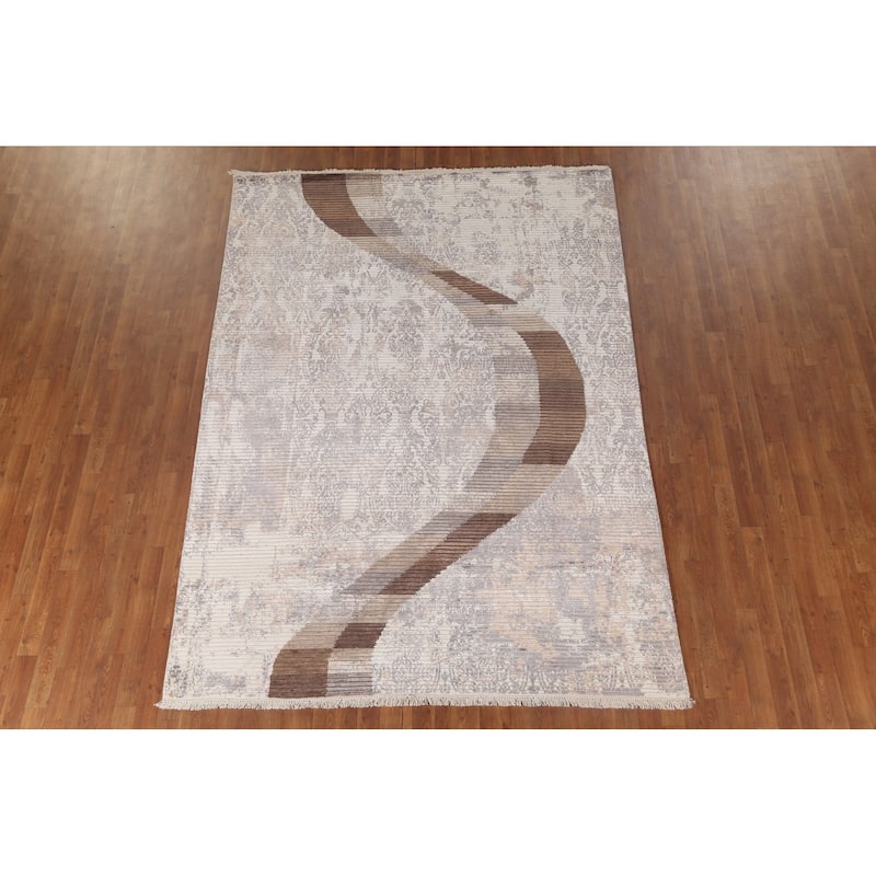 Beige Striped Modern Indian Area Rug Handmade Wool Carpet - 6'6"x 9'1"