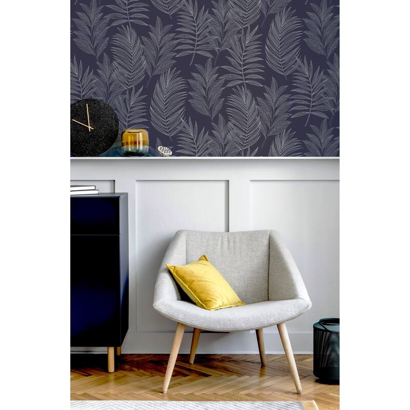 Linear Leaves Navy Wallpaper - 20.8 in. W x 33ft L - Double Roll