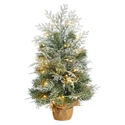 2ft. Winter Frosted Artificial Christmas Tree with 35 LED Lights in Burlap Base - Petite Holiday X-Mas Accent