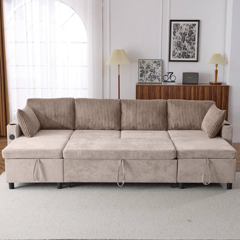 111.8" Sectional Pull-out Sofa Bed, Brown, Chenille, with Storage, USB & Cup Holders for Living Room