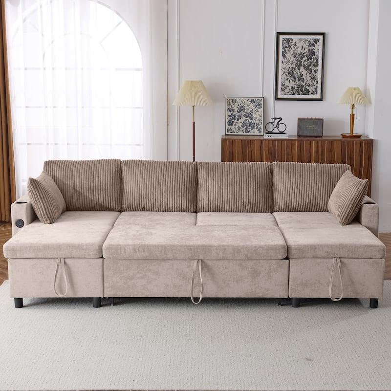 Corduroy L-shaped Sofa Sectional Sofa with 2 USB Ports and 2 Power Sockets, Storage Drawer Settee for Living Room