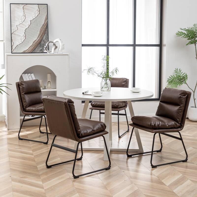 Modern 5-Piece Round Dining Table Set - Faux Leather & Polyester Blend Chairs, Sleek Trestle Base Design