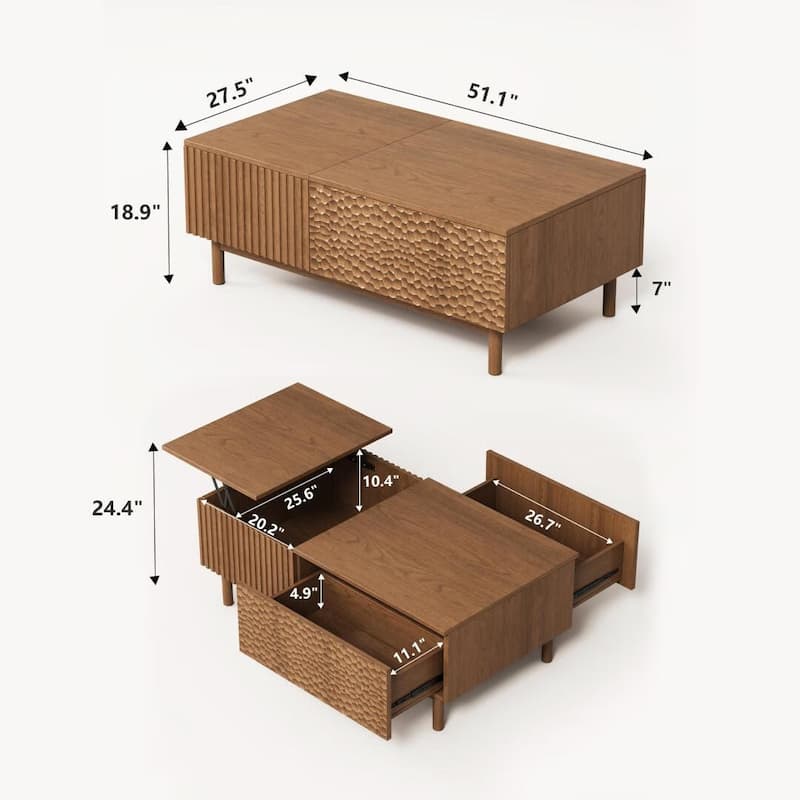 51.1" Satin Walnut Coffee Table with Storage Drawers for Living Room & Home Office - 51.1"Wx27.5"Dx18.9"H