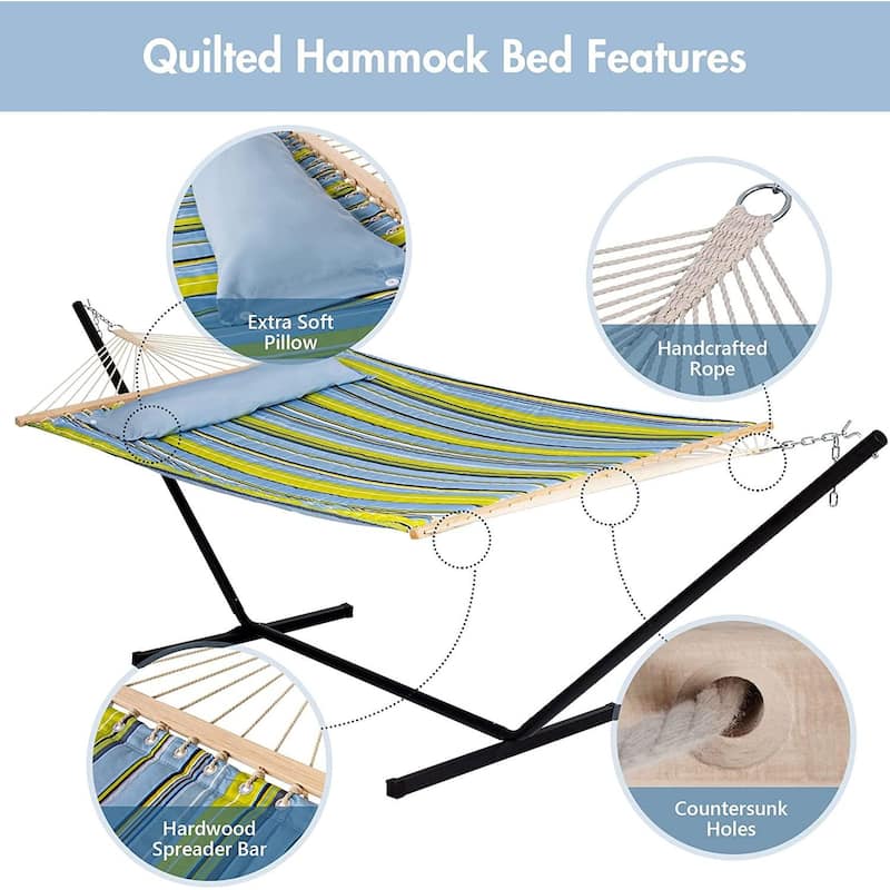 Outdoor Portable Double Hammock with Stand&Pillow Max 475 lbs Capacity