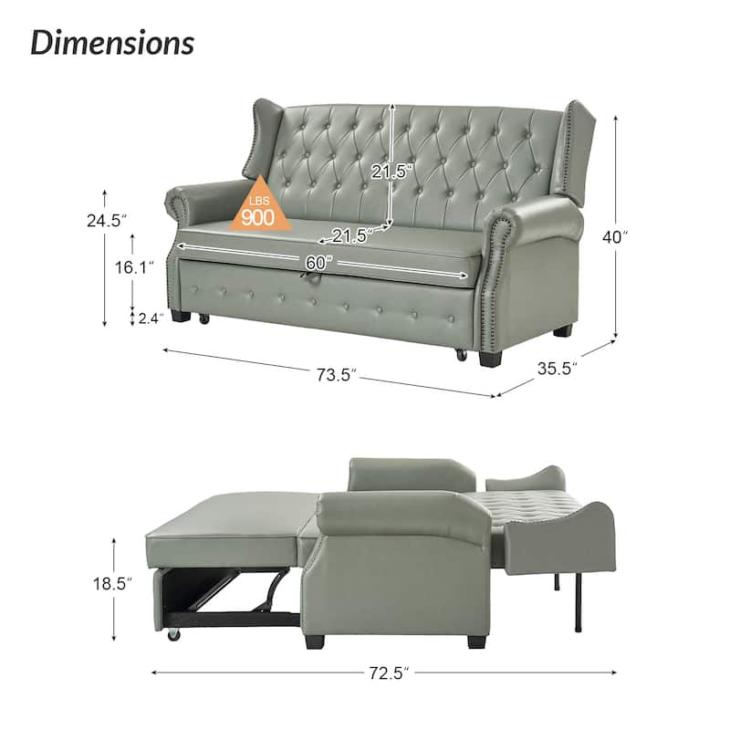 Ruedi Transitional 73.6" Vegan Leather Sofa Bed with Tufted Back and Nailhead by HULALA HOME