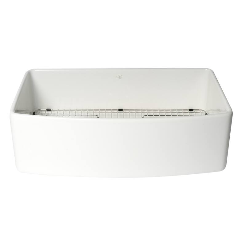 ALFI Brand White Smooth Curved Apron 33" x 20" Single Bowl Fireclay Farm Sink with Grid
