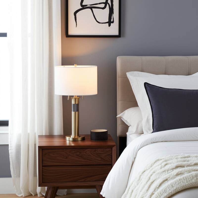 Metal Fabric Table Lamp Drum Shade Modern Glam Living Room - 27" Gold - 15" x 15" x 25" - 15" x 15" x 25" - Gold/ Metallic