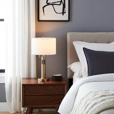Metal Fabric Table Lamp Drum Shade Modern Glam Living Room - 27" Gold - 15" x 15" x 25"