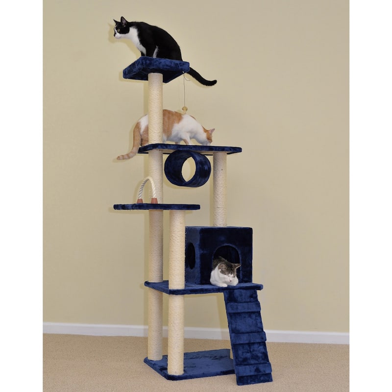 71" Navy Real Wood Cat Climbing Tower, Cat Scratching Furniture