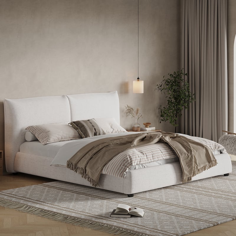 Christopher Knight Home - Naomi Modern Linen Upholstered King Platform Bed with Pillow-Back Headboard - Beige - King