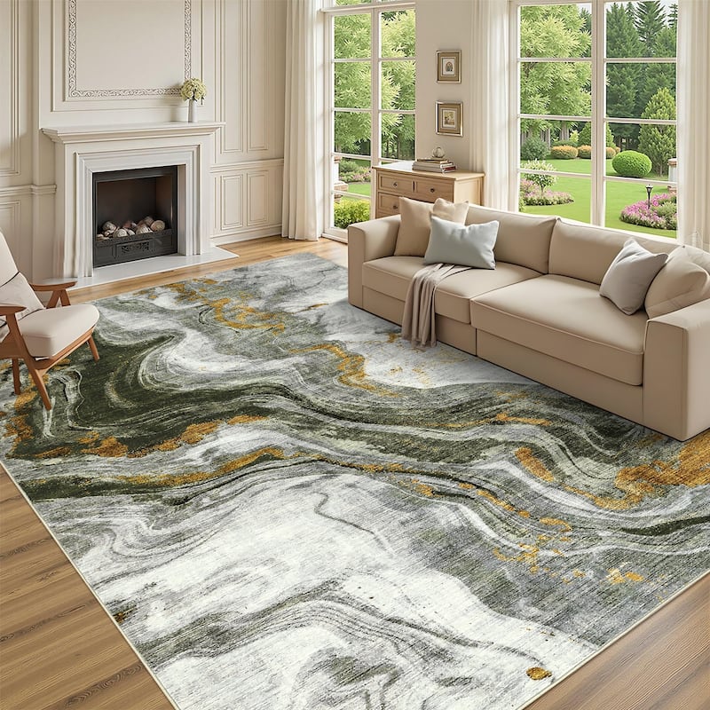 Modern Washable Area Rugs Abstract Living Room Rug Soft Low Pile Non-Slip Rugs for Bedroom Dining Room Home Office - 9'x12' - Green