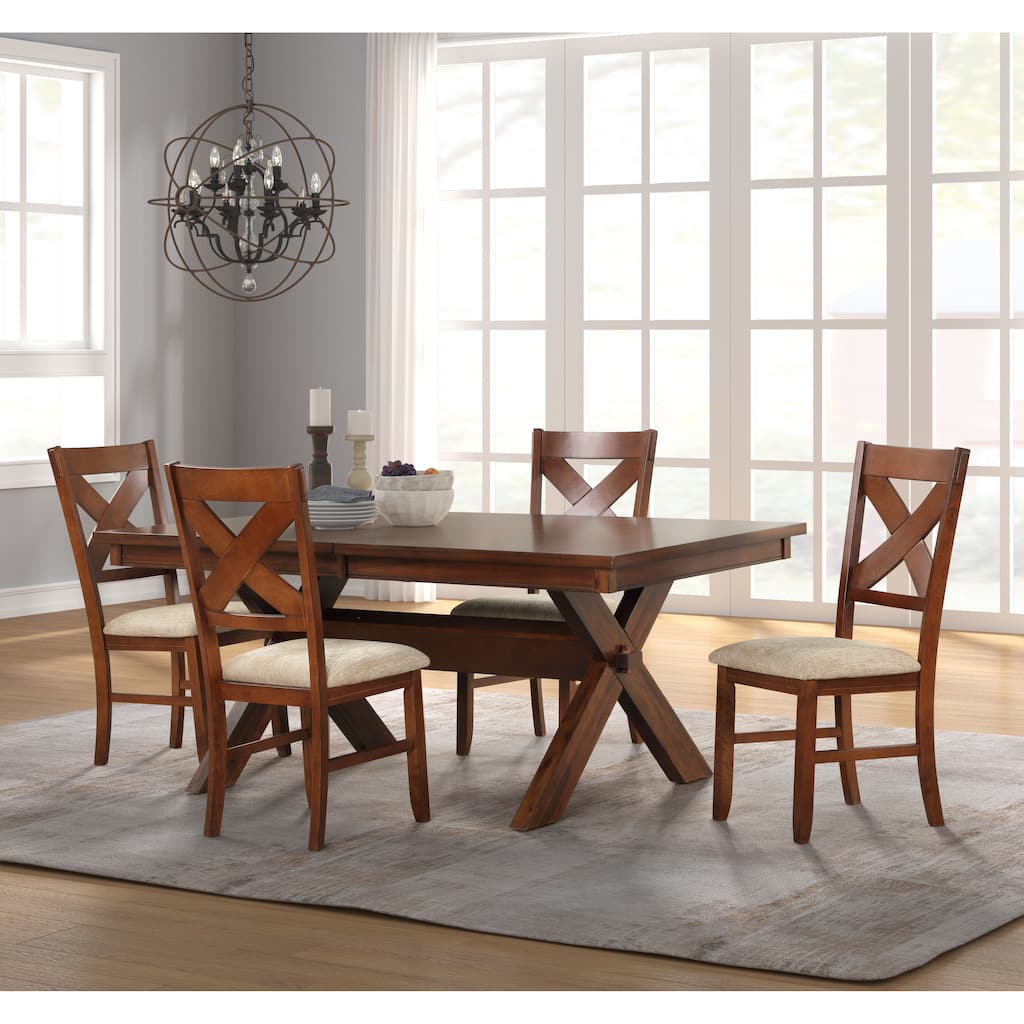 Roundhill Furniture Karven Wood 7-Piece Dining Set, Extendable Trestle Dining Table with 6 Chairs, Dark Hazelnut