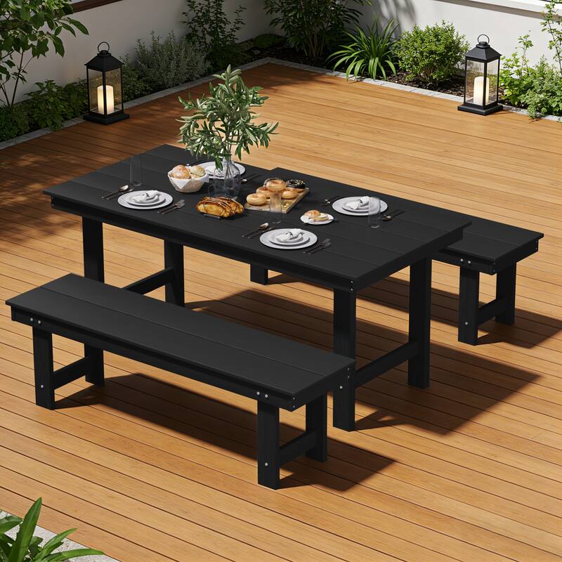 3-Piece HDPE Outdoor Dining Set with Umbrella Hole Table and Two 2-Person Benches