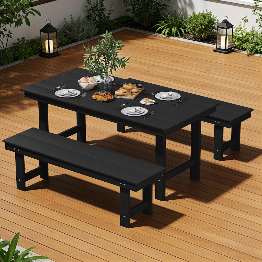 3-Piece HDPE Outdoor Dining Set with Umbrella Hole Table and Two 2-Person Benches