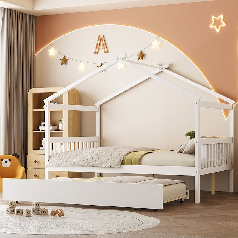 Roomfitters Full Size Wooden House Bed with Twin Trundle, Floor Bed Frame for Bedroom, White - White - Full