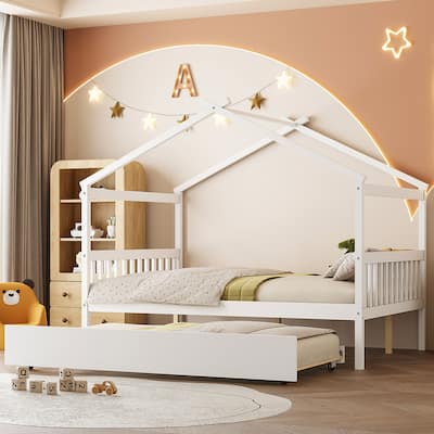Roomfitters Full Size Wooden House Bed with Twin Trundle, Floor Bed Frame for Bedroom, White